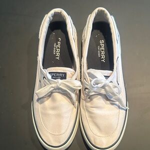 Sperry Womens White Canvas Boat Shoes with Navy Trim